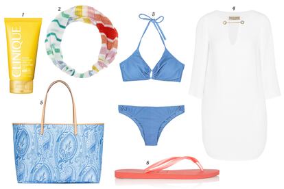 1. Clinique Crema corporal con SPF 50 “Sun”. 2. Missoni Mare Bandana con print de rayas. 3. Oysho Bikini. 4. Emilio Pucci Vestido de manga larga con cadena en el escote. 5. Etro Shopping bag de piel. 6. Havaianas Flip flop de plástico.