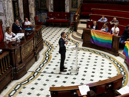 El portavoz de Vox en el Ayuntamiento de València, Juan Manuel Badenas, durante su intervención en el pleno del Ayuntamiento de Valencia ante las banderas por el día del Orgullo exhibidas por el PSPV y Compromís.