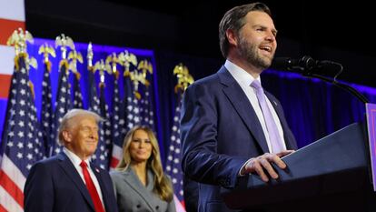 J. D. Vance speaks to thousands of Trump supporters (in the background, with his wife Melania) during election night in West Palm Beach, Florida.