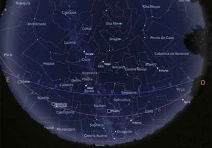 Mapa del cielo visible desde una latitud 40º N el 15 de agosto de 2009 a primera hora de la noche.