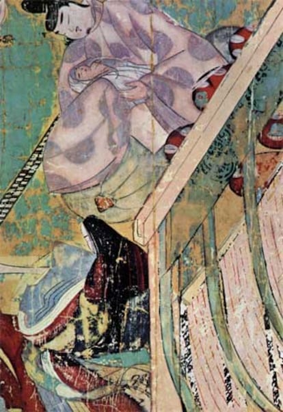 Ilustración del &#39;Genji monogatari&#39;, del siglo XII, con el príncipe Genji sosteniendo al recién nacido Kaoru.