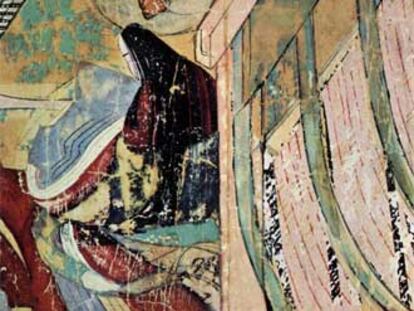 Ilustración del 'Genji monogatari', del siglo XII, con el príncipe Genji sosteniendo al recién nacido Kaoru.