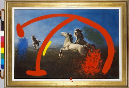 'Chevaux mis en fuite par un oiseau' (cavalls fugint per un ocell), 1976. Oli sobre làmina, 50 x 74 cm.