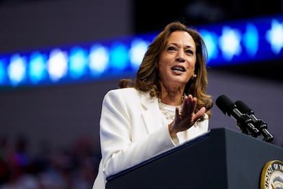 Democratic presidential candidate and U.S. Vice President Kamala Harris at a campaign event in Savannah, Georgia, on August 29, 2024.