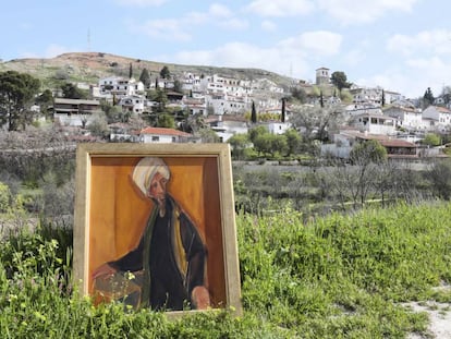 El retrato que hizo el pintor Álvaro Delgado sobre el misionero Pedro Páez. Al fondo, Olmeda de las Fuentes.