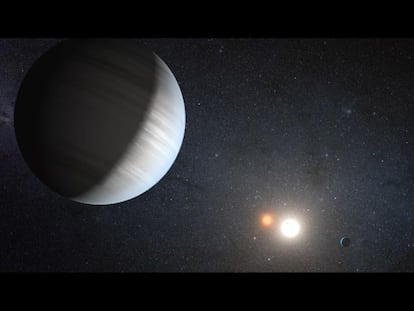 Ilustración del sistema estelar binario Kepler-47 con dos planetas en órbita.