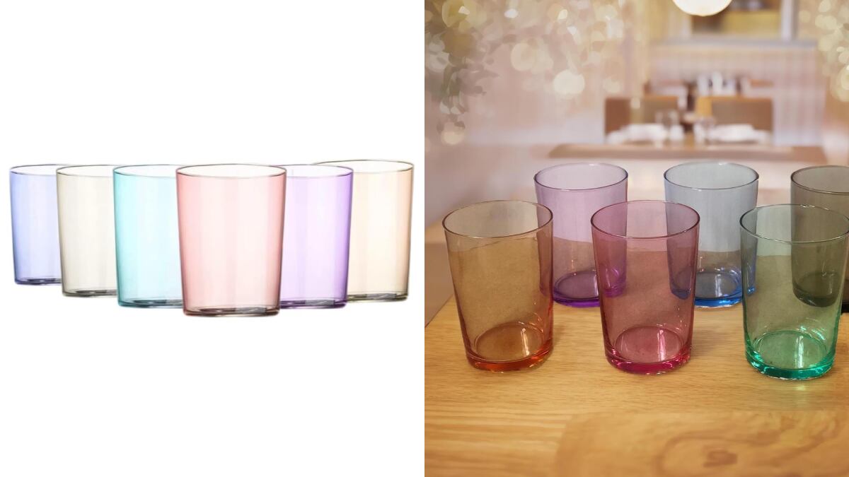 Set de vasos de cristal de colores con más de 500 ml de capacidad.