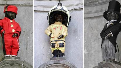 De izquierda a derecha, el Manneken Pis vestido como el personaje de cómic Spirou, bombero belga y con frac. 