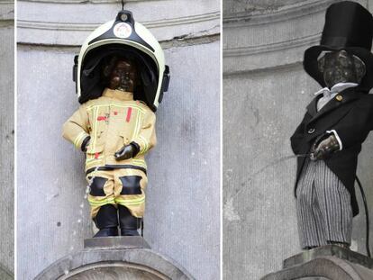 De izquierda a derecha, el Manneken Pis vestido como el personaje de cómic Spirou, bombero belga y con frac. 