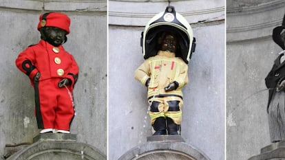 De izquierda a derecha, el Manneken Pis vestido como el personaje de cómic Spirou, bombero belga y con frac. 