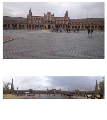 En esta imagen de la Plaza de España de Sevilla, el turista ha fotografiado lo que da de sí el objetivo del móvil sin recurrir a ningún recurso disponible en la cámara. Sin embargo, dada la envergadura del espacio, el fotógrafo ha optado por utilizar el modo panorámico, disponible en casi todos los programas de imagen de los móviles. De nuevo, ha considerado importante que las líneas del suelo y del edificio sean totalmente horizontales.