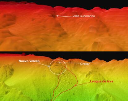 Modelo digital de terreno elaborado a partir de los datos recogidos por el buque 'Hespérides' en 1998 en la zona de El Hierro y el realizado el 24 de octubre de 2011 con la información del barco 'Ramón Margalef'.