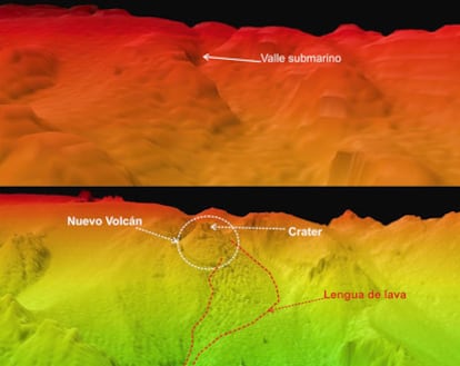 Modelo digital de terreno elaborado a partir de los datos recogidos por el buque 'Hespérides' en 1998 en la zona de El Hierro y el realizado el 24 de octubre de 2011 con la información del barco 'Ramón Margalef'.