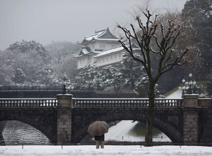 Un hombre observa la nevada en los jardines del Palacio Imperial de Tokio.
