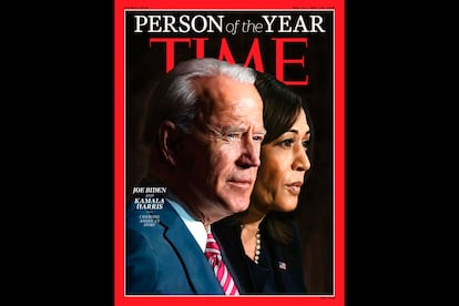 Capa da revista ‘Time’ que retrata o presidente-eleito dos EUA, Joe Biden, e a sua vice, Kamala Harris, como personalidades do ano.