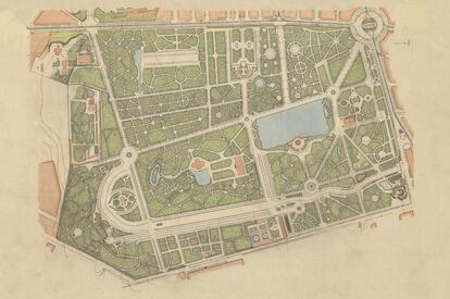 Mapa del parque del Retiro de Madrid, derivado de un Plano de Población de 1910 del Instituto Geográfico Nacional.