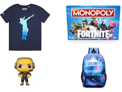 De izquierda a derecha, de arriba abajo: camiseta oficial de 'Fortnite', juego de Monopoly adaptado, muñeco Funko y mochila con el emblema del videojuego.