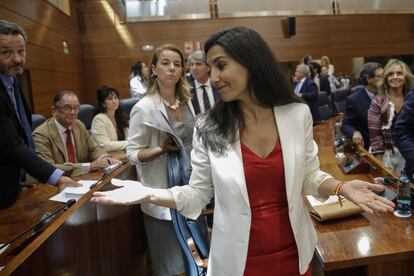 Rocío Monasterio, portavoz de Vox en la Asamblea de Madrid, en el pleno de investidura de Isabel Díaz Ayuso, en agosto.