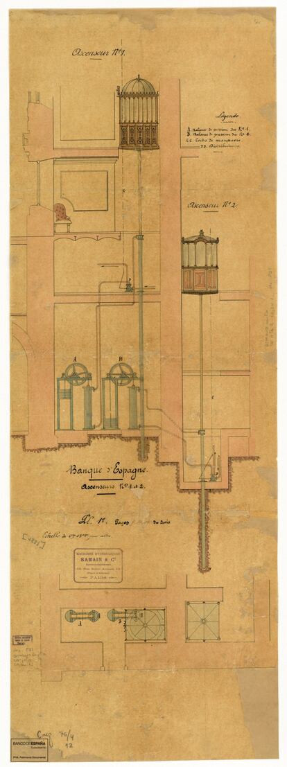 Plano para la propuesta de un ascensor para la sede de Madrid, que finalmente fue desechada. El documento es de 1889.