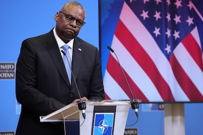US Secretary of Defense Lloyd Austin speaks to the press after the NATO Defense Ministers Council at the Alliance headquarters in Brussels, Belgium, October 12, 2023.