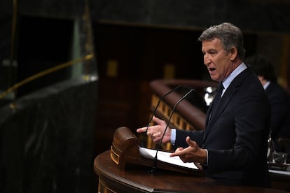 El presidente del PP, Alberto Núñez Feijóo, durante una de sus intervenciones este miércoles en el Congreso de los Diputados.