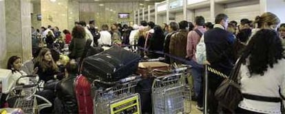 Largas colas de afectados de Air Madrid, ante los mostradores de AENA en el aeropuerto de Barajas (Madrid).