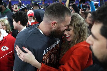 Travis Kelce and Taylor Swift celebrate the Kansas City Chiefs' victory in Baltimore, Maryland, on January 28, 2024.