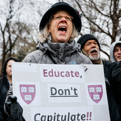 Cambridge, MA - April 12: A protester holds a sign reading "Educate, Don't Capitulate!!" featuring Harvard University shields during a rally at Cambridge Common. Allison Pingree, a Cambridge resident, joined hundreds demonstrating at the event partially sponsored by the Cambridge City Council to urge Harvard to resist President Trump's influence on the institution. (Photo by Erin Clark/The Boston Globe via Getty Images)