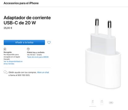 Adaptador de corriente de carga rápida para iPhone.