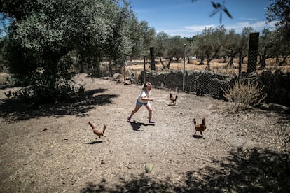 La hija mayor de Moñtaña Ferrer, Indira (siete años) en el corral de su casa intentando coger una de las gallinas. 