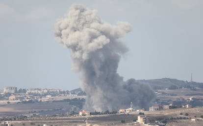 Smoke billows in Nabatieh, amid ongoing hostilities between Hezbollah and Israeli forces, as seen from Marjayoun, near the Lebanese border with Israel, October 17, 2024.