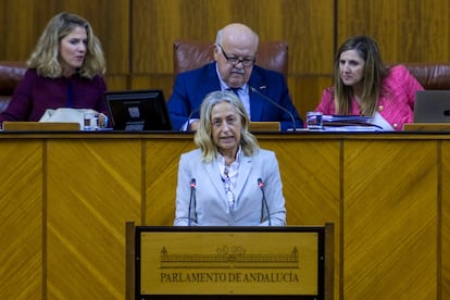 La consejera de Salud y Consumo, Rocío Hernández, explica en el pleno del Parlamento de Andalucía los informes de la Intervención de la Junta sobre los contratos de emergencia del Servicio Andaluz de Salud.