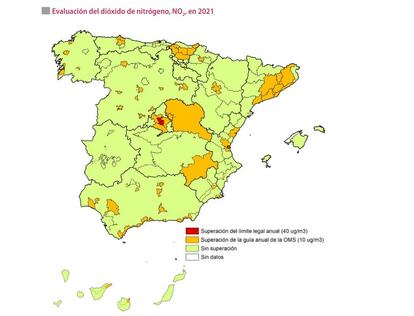 Evaluación del dióxido de nitrógeno (NO2) en España en 2021
Fuente: La calidad del aire
en el Estado español
durante 2021