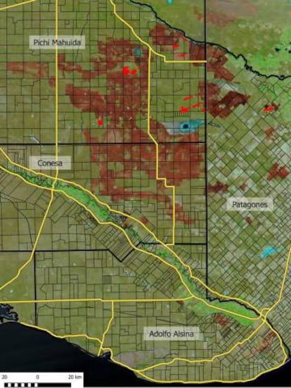 En rojo, los campos quemados en Río Negro.