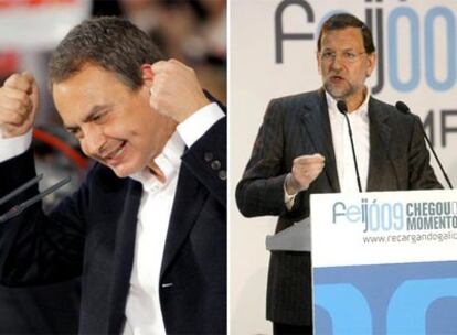 Zapatero en Santiago de Compostela y Rajoy en Ourense, durante los cierres de campaña de las elecciones gallegas.
