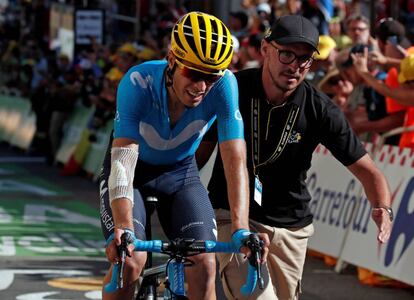 Mikel Landa, tras cruzar la meta en la etapa con final en el Alpe d'Huez,