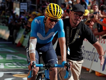 Mikel Landa, tras cruzar la meta en la etapa con final en el Alpe d'Huez,