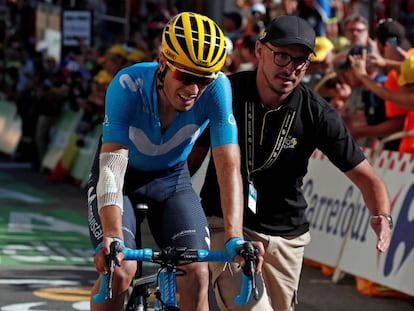 Mikel Landa, tras cruzar la meta en la etapa con final en el Alpe d'Huez,