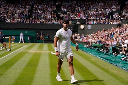 Carlos Alcaraz se lamenta tras perder un punto ante Djokovic. 