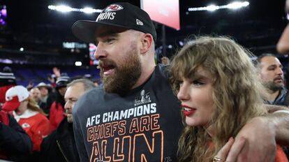 Taylor Swift celebrates with Travis Kelce as the Kansas City Chiefs advance to the final of the American Football League, the Super Bowl, on January 28 in Baltimore, Maryland.