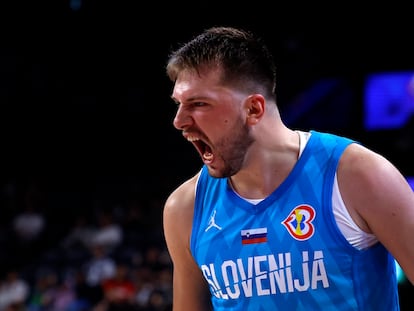 Slovenia's Luka Doncic reacts during the game.