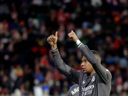 Kylian Mbappé, tras marcar su gol al Girona, el tercero del Madrid el sábado.