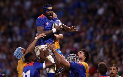 La selección de rugby de Namibia durante el partido contra Uruguay en el Mundial.