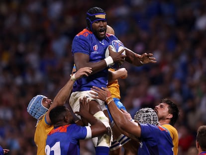 La selección de rugby de Namibia durante el partido contra Uruguay en el Mundial.