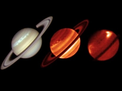 La espectacular tormenta de Saturno vista en una imagen de aficionado en luz visible (izquierda) obtenida el 19 de enero de 2011. En el centro y a la derecha,  dos imágenes en infrarrojo térmico tomadas por el VLT. La primera revela la nubes de tormenta y el vórtice en la atmósfera a baja altura  y la segunda los faros de emisión infrarroja en la tormenta que alcanza  la estratosfera del planeta.
