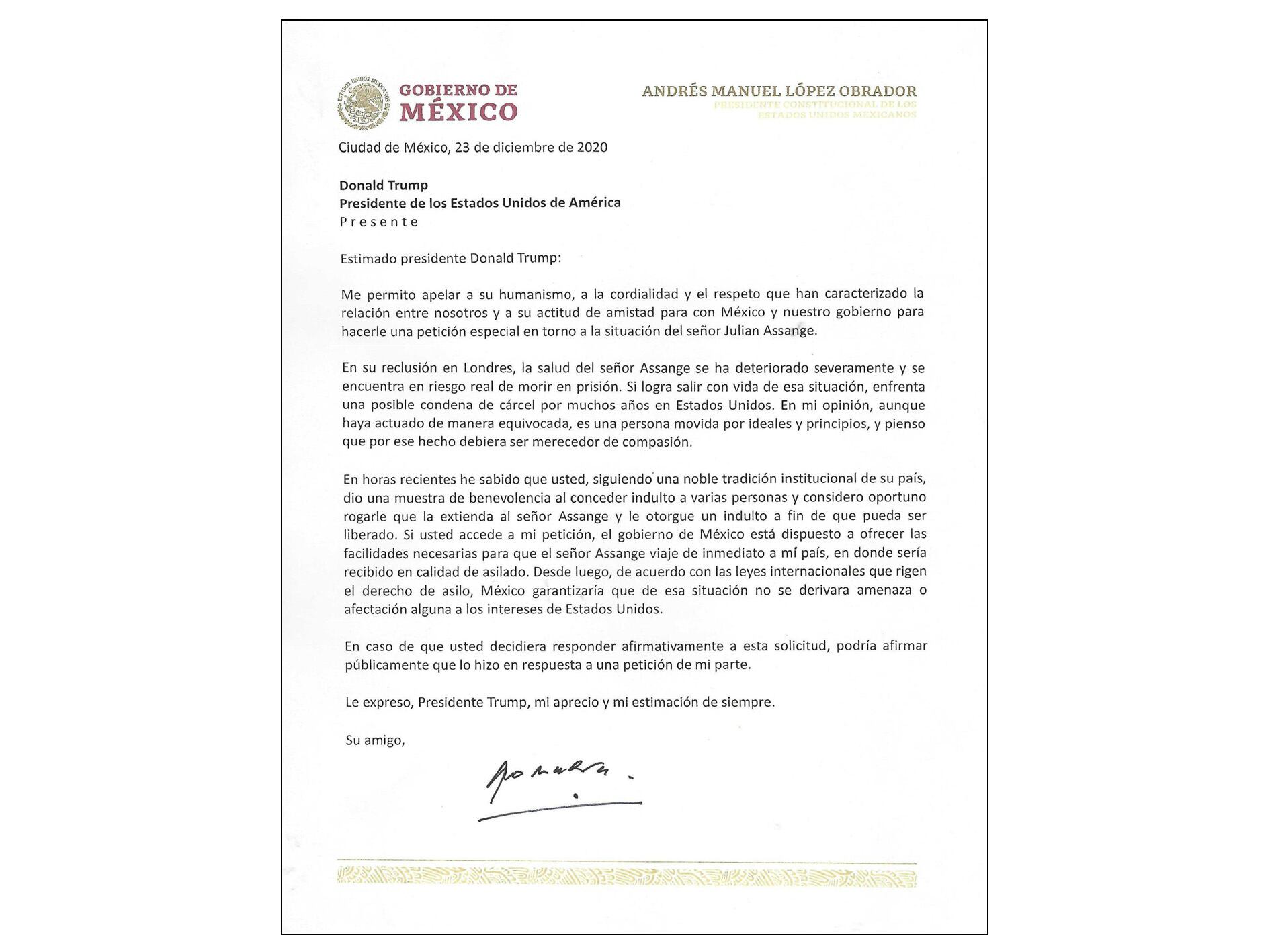 La carta que López Obrador envió a Donald Trump para exigir la liberación del periodista Julian Assange, emitida en diciembre de 2020.