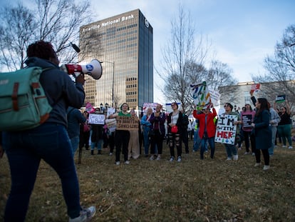 People gather in Amarillo, Textas, on Saturday, February 11, 2023, to protest a lawsuit to ban the abortion drug mifepristone.