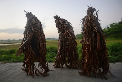 Tres personas cubiertas de barro y vestidas con trajes hechos con hojas de plátano caminan junto a un campo de arroz camino de la iglesia para participar en un festival religioso en honor de San Juan Bautista en Aliaga, al norte de Manila.