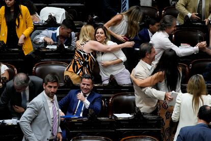 Diputados festejan la aprobación de la ley ómnibus, este viernes.