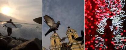 De izquierda a derecha, <i>surferos</i> en una playa limeña; fachada de la iglesia de San Francisco, bajo la cual se encuentran las catacumbas del mismo nombre, y decoraciones luminosas en la plaza de Armas.